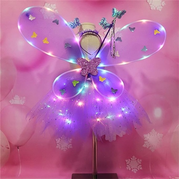 New Girls LED Light up Angel Wings Kids Butterfly Wings Costume 4Pcs Set - Picture 2 of 6